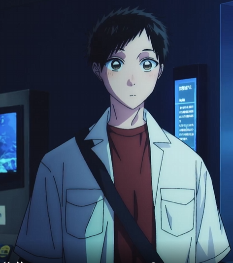 the image shows a closeup illustration of a young anime boy. he has dark brown hair, expressive eyes with a slight blush on his cheeks, and a soft facial expression. he's wearing a light blue, collared shirt over a maroon tshirt and has a darkcolored shoulder bag slung across his body. the background is dark and slightly blurry, suggesting an indoor setting at night, with a glowing screen visible behind him. the art style is clean and detailed, characteristic of modern anime illustrations. the overall mood is calm and somewhat melancholic.