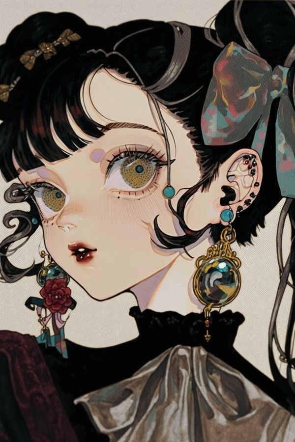 he image is a digital drawing of an animestyle girl.  she has dark hair styled in an updo with a decorative bow, bangs that frame her face, and large expressive golden eyes.  she's wearing intricate golden earrings and a dark, stylish collar.  the art style is highly detailed and features a blend of realistic and stylized elements. the overall mood is elegant and slightly mysterious.