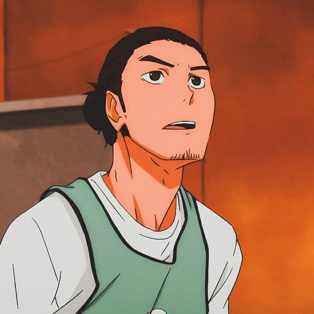 this is a digital illustration of miya atsumu from the popular anime haikyuu. the image shows atsumu with a serious expression on his face, looking upwards with a determined look in his eyes. he is wearing a white jersey with a green vest on top.  the background is a plain orange color which provides a stark contrast to the figure.