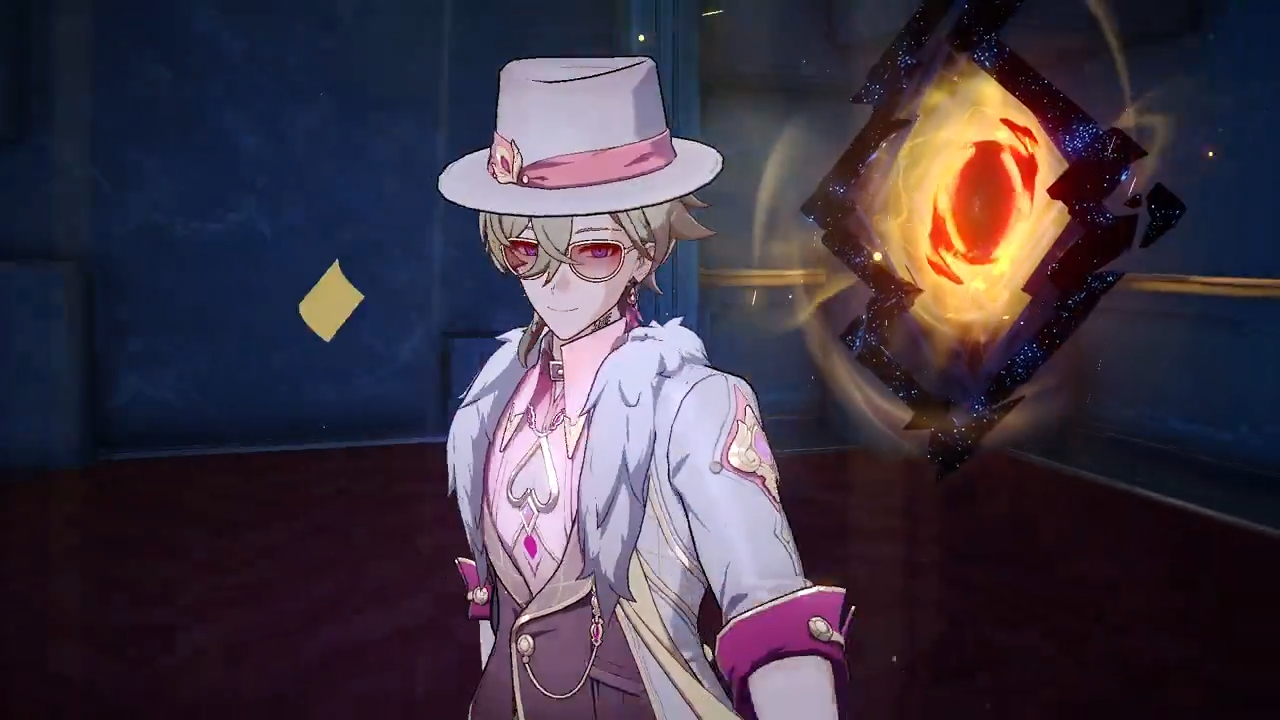 a male character from the game genshin impact is shown, wearing a fancy suit, a hat, and glasses, while holding a weapon that appears to be magic based. the background is a dark room with a glowing object to the right of the character.