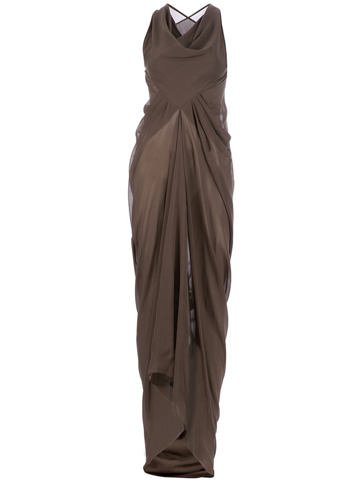 a floorlength brown dress with a cowl neck, sleeveless design, draped front, and asymmetrical hem. the dress is on a white background.