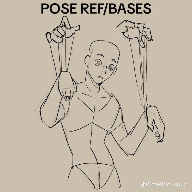 this image is a sketch of a pose reference for drawing. it depicts a figure with its arms outstretched, appearing as if being manipulated by strings like a puppet. the figure is drawn in a simple, stylized way, emphasizing the pose and body language. the image is labelled "pose ref/bases", suggesting it is intended as a guide for artists to use for inspiration and to study the anatomy and dynamics of the pose.