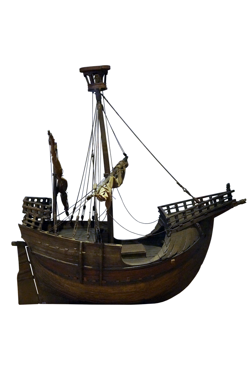 a detailed wooden model of a sailing ship is depicted against a black background. the ship has a single mast, complex rigging with multiple lines and sails, and a curved hull. the wooden construction and intricate details of the ship model are clearly visible.