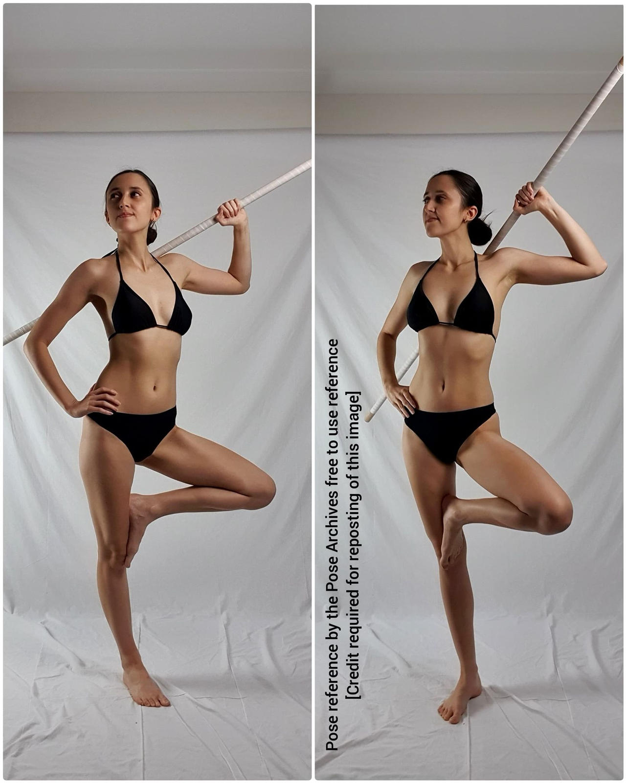 two photos of the same woman from slightly different angles.  she is standing in a balanced pose on one leg, holding a staff with her other leg lifted and bent.  she is wearing a black bikini and the background is plain white.  the photo is a reference photo for artists.