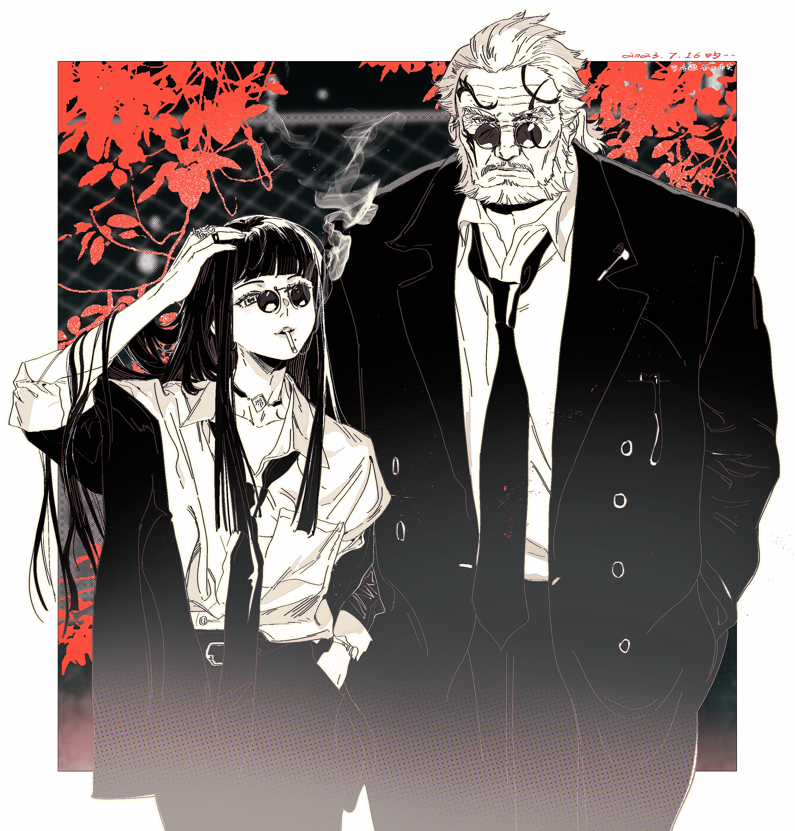 this is a digital illustration of an anime couple. the man is wearing a black suit and tie, and has a white beard and mustache. he's wearing sunglasses.  the woman has long black hair and is wearing a black blazer, white collared shirt, black trousers, and sunglasses. both are standing in front of a background of an urban setting, seemingly at night. the woman is holding a cigarette in her left hand and is looking down at the floor. the man is looking straight ahead. the picture is in black and white.