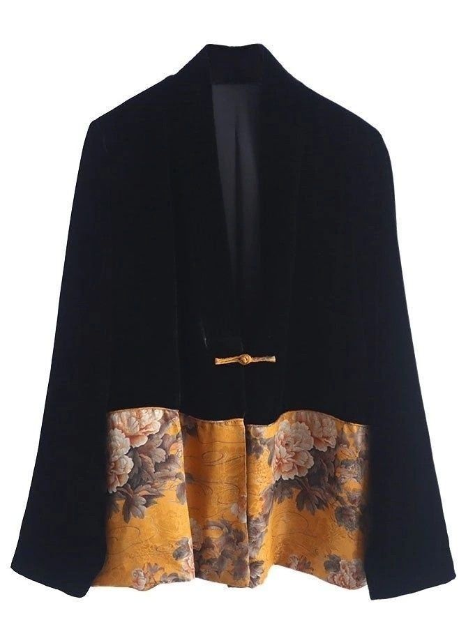 a black velvet jacket with a floral pattern at the bottom and a mandarin collar is shown. the jacket has an oriental style and appears to be made of silk with embroidery.