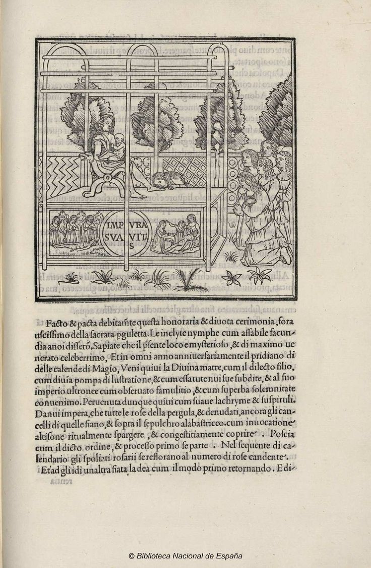 this is a woodcut illustration from a 16th century italian book depicting a religious ceremony.  the scene takes place in a garden, with figures gathering around a central figure. the scene appears to be a representation of a ritual, possibly a celebration. the figures are dressed in period clothing, and the scene is full of details, including a garden, a statue, and a canopy. the illustration is an example of the detailed and evocative style of art that was popular in the renaissance period.