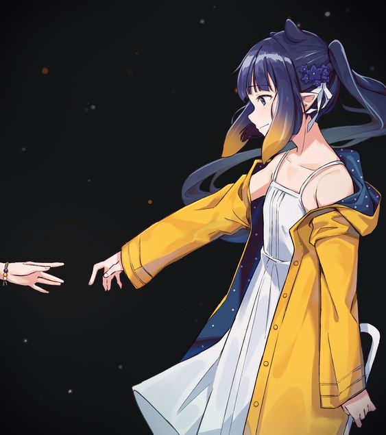 a cute anime girl with long blue hair is reaching out with her hand, wearing a yellow jacket and a white dress with blue stars. the background is a starry night.  she looks like she's reaching for something, and it's hard to tell what it is.  the image could be interpreted as a symbol of hope or love.