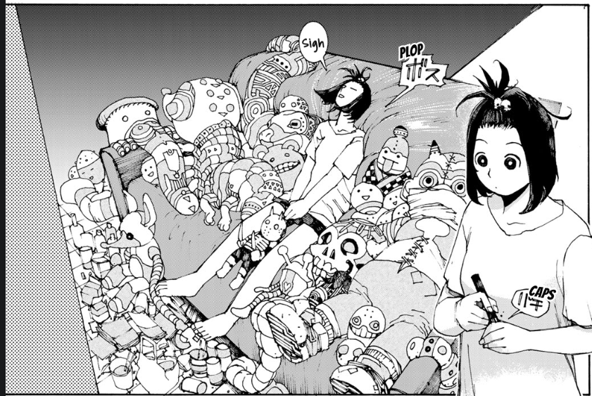 the image is a black and white illustration of two women in a bedroom. one woman is sound asleep on a couch, buried under a mountain of plush toys designed as robots. the second woman is sitting on the bed in the foreground, her back to the "viewer" as she draws in a sketchbook. the word "sigh" can be seen above the sleeping woman's head.