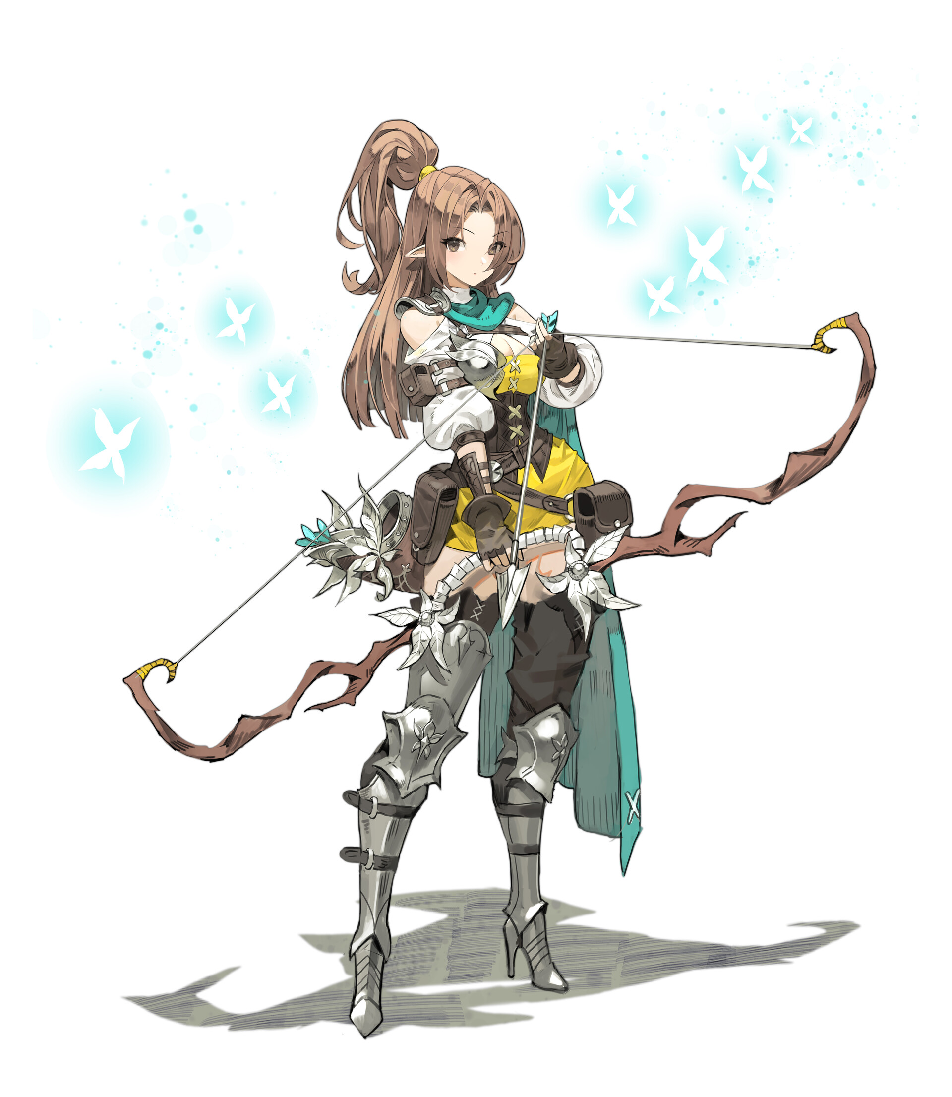 an anime style illustration of a fantasy elf archer. she has brown hair in a ponytail, wearing a yellow dress with a corset, a green cape, silver armor on her legs, and highheeled boots. she is holding a bow and arrow, and there are magical lights surrounding her.