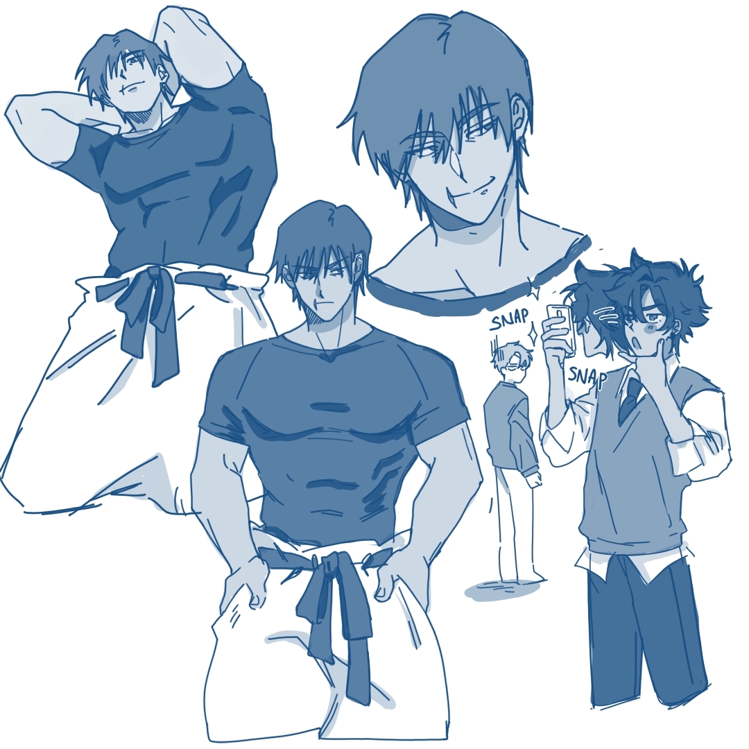 he image contains a collection of sketches featuring several muscular male anime characters. the style is loose and dynamic, suggesting quick studies or character design explorations. the characters are drawn in varying poses, some seemingly in martial arts attire, while others are depicted in more casual clothing. the overall palette is monochromatic, using various shades of blue. one character is taking a selfie, adding a touch of contemporary element to the traditional style. the sketches show a range of expressions, from serious to playful, contributing to the diverse mood and feel of the illustration.
