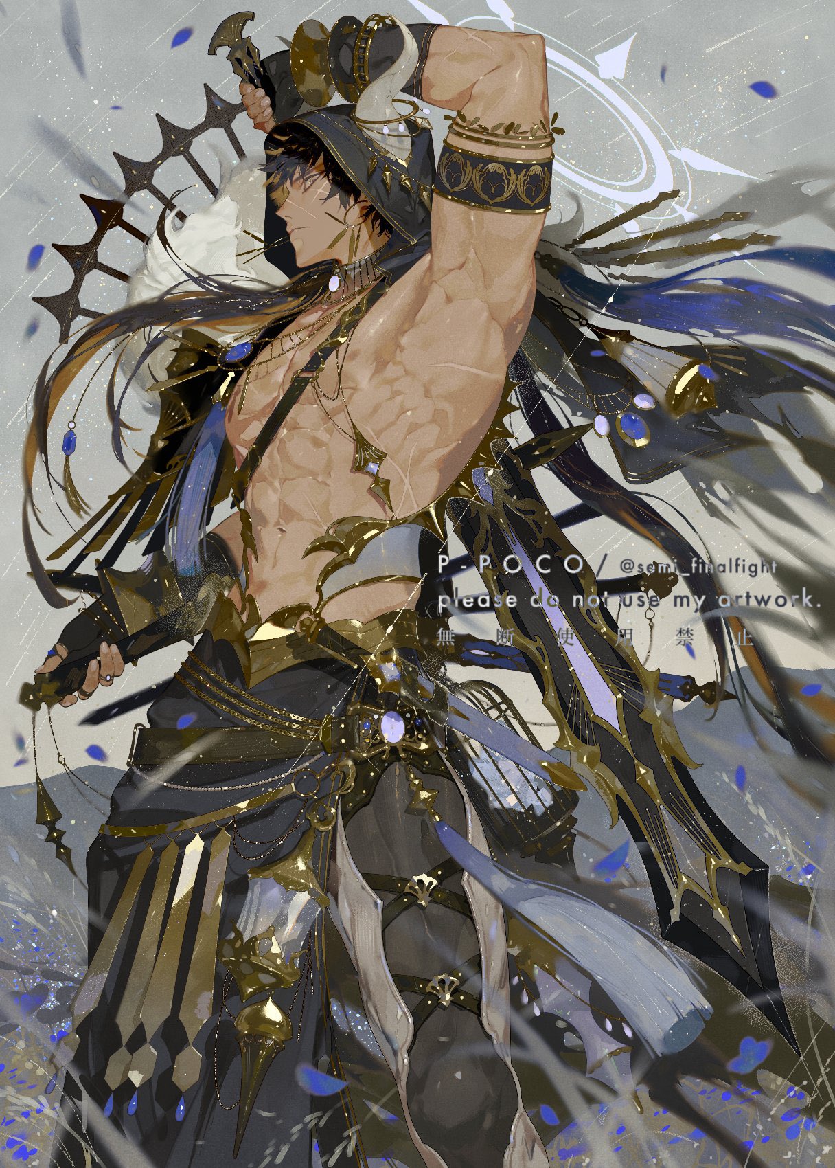 the image is a piece of digital fantasy art depicting a muscular male character in an anime style. he is powerfully built, with long dark hair flowing behind him. he wears elaborate, ornate clothing featuring gold and dark colors, with intricate details throughout the design.  the character is hooded and holds a large scythelike weapon.  the background includes blue particles suggesting wind or magic effects.  the art style is detailed and elegant, emphasizing both the character's physique and the complexity of their attire. the artist's signature, "ppoco" and "sdin_finalfight," is visible, along with a request not to use the artwork.