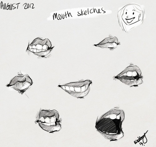 the image is a collection of nine sketches of mouths, each showing a different expression. the sketches are drawn in pencil on light gray paper. in the top right corner, a small sketch of a girl with her mouth open in a smile is visible. the words "august 2012" and "mouth sketches" are handwritten at the top of the page. the artist's signature, "braddock", is in the bottom right corner.