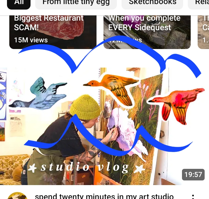 the image is a youtube thumbnail or video still showcasing an art studio vlog.  the central focus is a person wearing a yellow beanie, sitting and painting a large canvas featuring a skull surrounded by flowers and grasses.  three stylized birds in vibrant colors — teal, orange, and red — are digitally overlaid on the image, flying in a curved path above and around the artist. the thumbnail also includes text overlays that read "studio vlog," and a time counter (19:57). in the background, smaller youtubestyle video thumbnails are visible, advertising other content on the channel, including one about a restaurant scam. the overall aesthetic is bright, creative, and colorful.