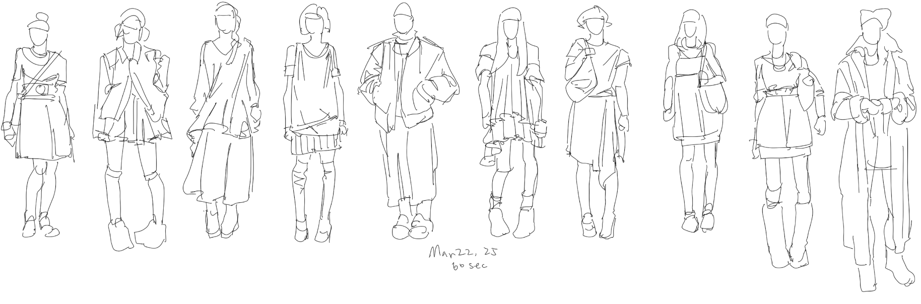 a line art sketch features multiple fashion illustrations of figures wearing various clothing items.