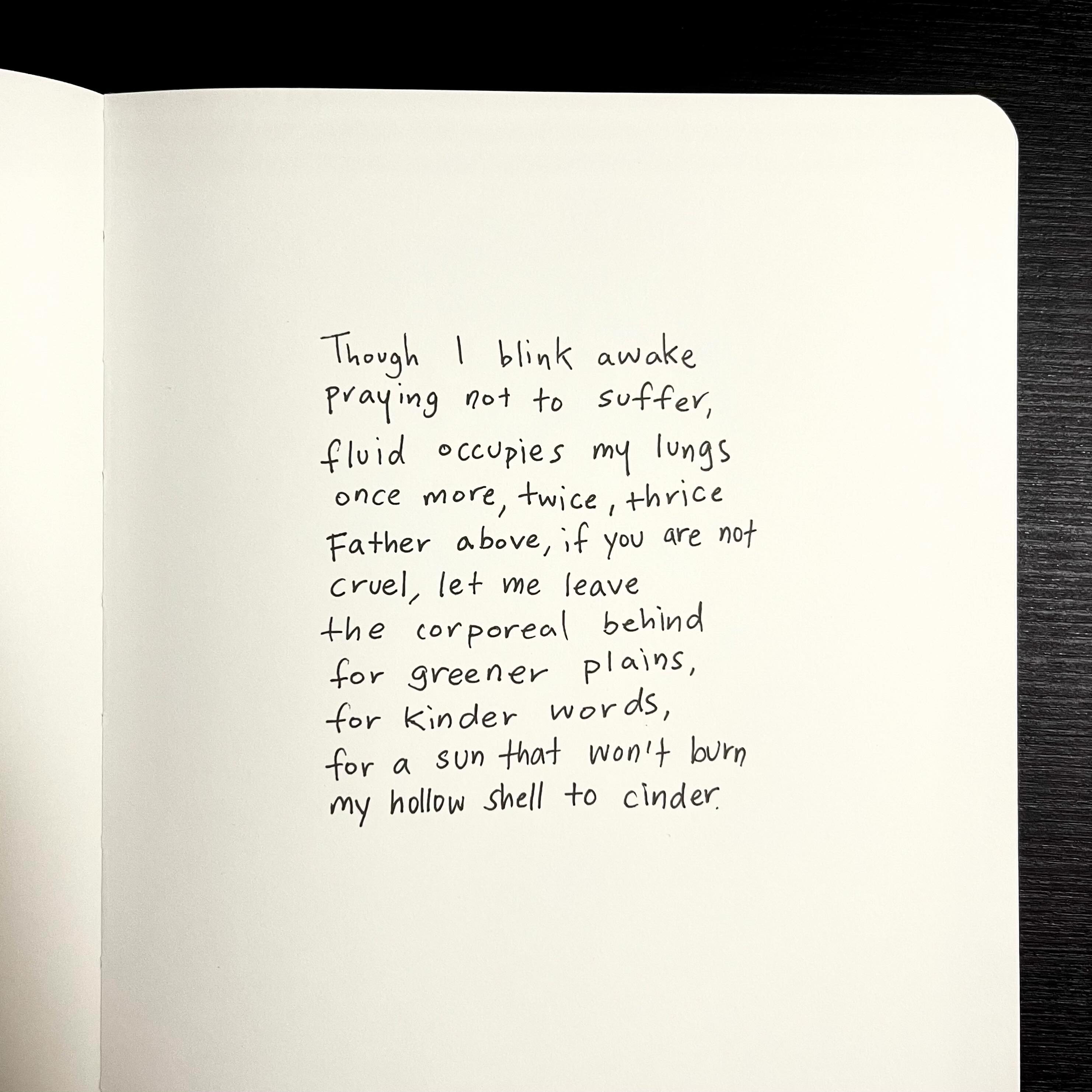 the image shows a page from an open notebook resting on a dark surface.  the page features a handwritten poem titled "though i blink awake", written in black ink.  the poem speaks of suffering, longing for release, and a desire for peace and kindness.