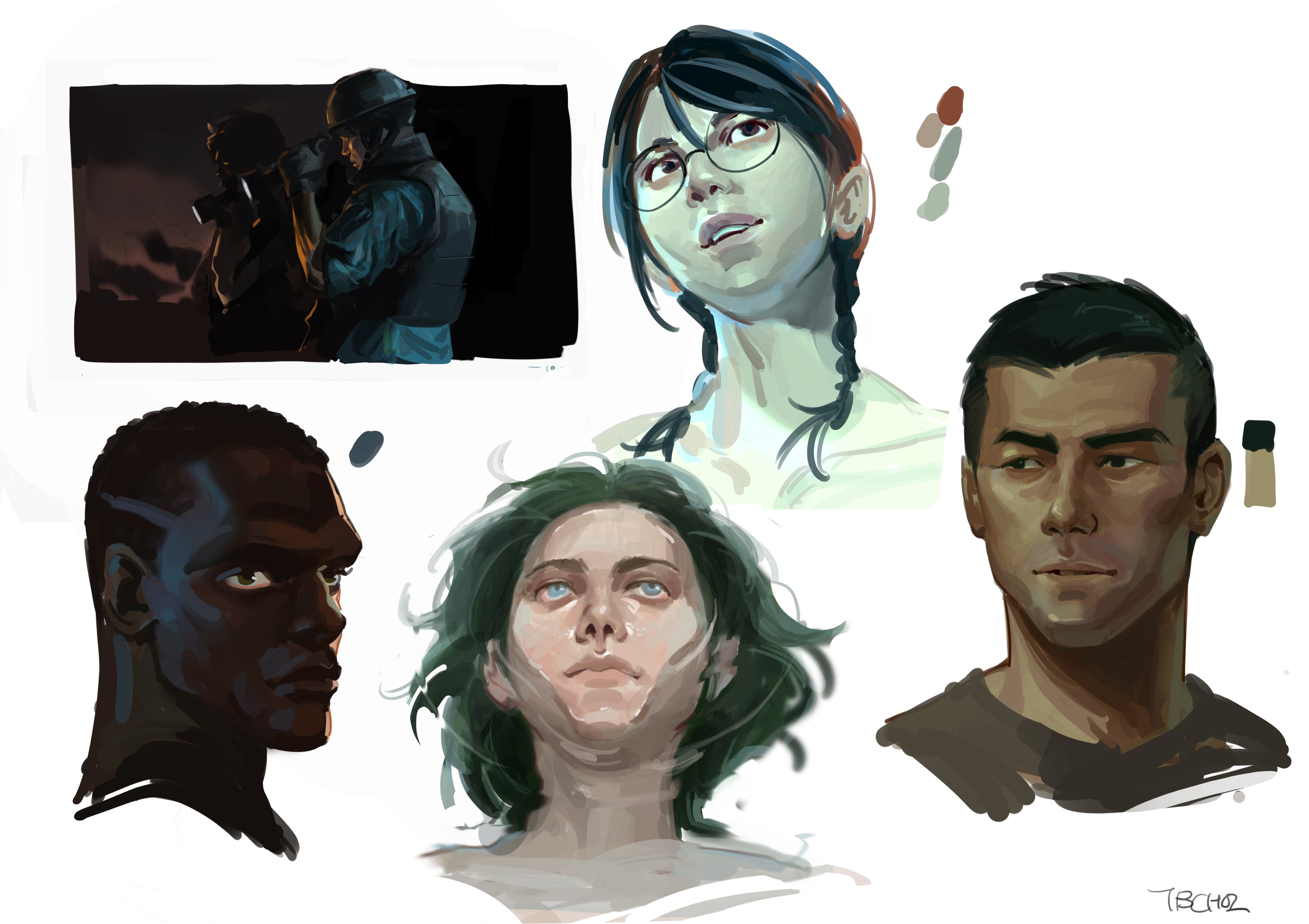 the image showcases a collection of digital paintings, seemingly art studies focusing on character portraits.  there are five distinct portraits: top left: a dark, atmospheric scene depicting a soldier or military personnel handling what looks like a camera. top middle: a female character with dark hair and glasses, gazing upwards. she is painted with soft lighting, creating a serene mood. top right: a male character with dark hair and olive skin tone. his expression is neutral to slightly serious. a small color palette is visible near him. bottom left: a closeup portrait of a darkskinned male, showing strong sidelighting that highlights his features. the expression is serious and pensive. bottom middle: a female portrait with dark green hair.  her eyes are noticeably light colored, and she has a calm and somewhat ethereal expression.the style is painterly and realistic, but with a loose, expressive brushwork style characteristic of digital sketches.  the collection indicates practice and exploration of different characters, expressions, and lighting techniques. a signature or watermark ("tbcho2") is present in the bottom right corner.