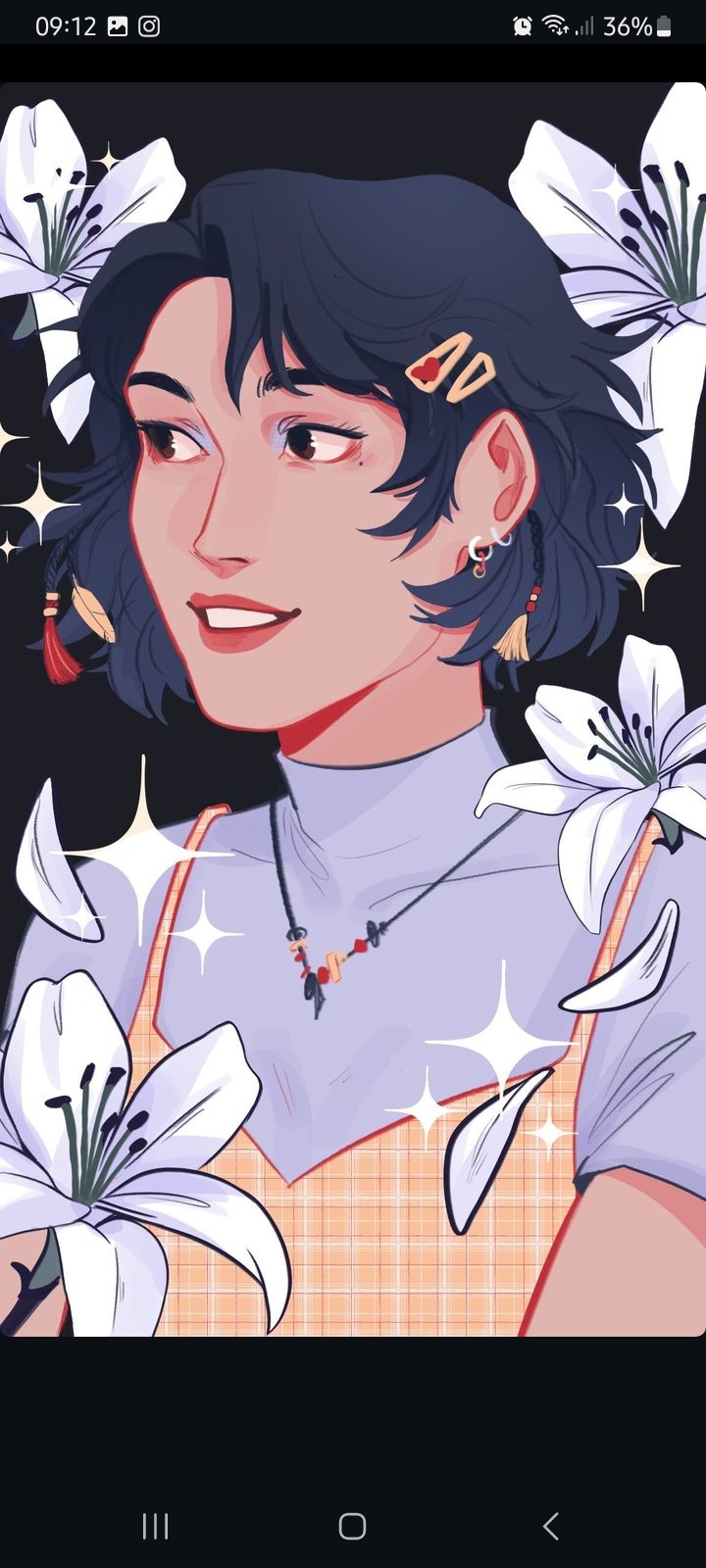 a digital portrait of a young woman with short, dark hair streaked with blue. she is smiling gently and wears a yellow and white top with a high neck.  her hair is styled with red clips, and she wears a beaded necklace and earrings.  she is surrounded by white lilies with yellow centers. the background is dark, and the overall lighting is soft and slightly spotlit on the woman's face.