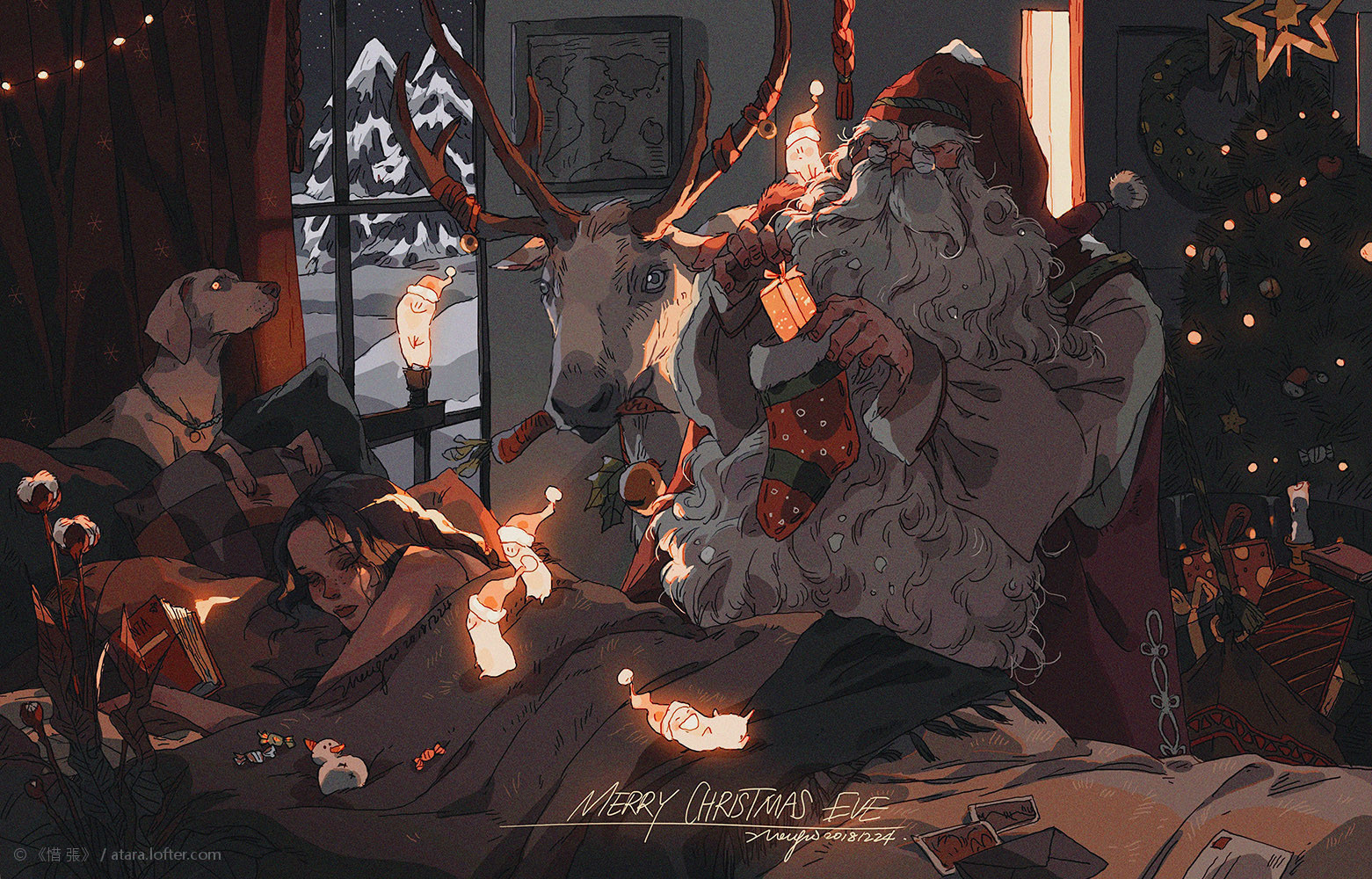 a digital illustration of santa claus, with a reindeer, visiting a girl in her bedroom on christmas eve. the room is cozy and filled with festive decorations. santa is holding a wrapped gift and is looking down at the girl, who is asleep in bed. there is a dog sitting in the foreground and a lit fireplace in the background. the window shows a snowy mountain scene.