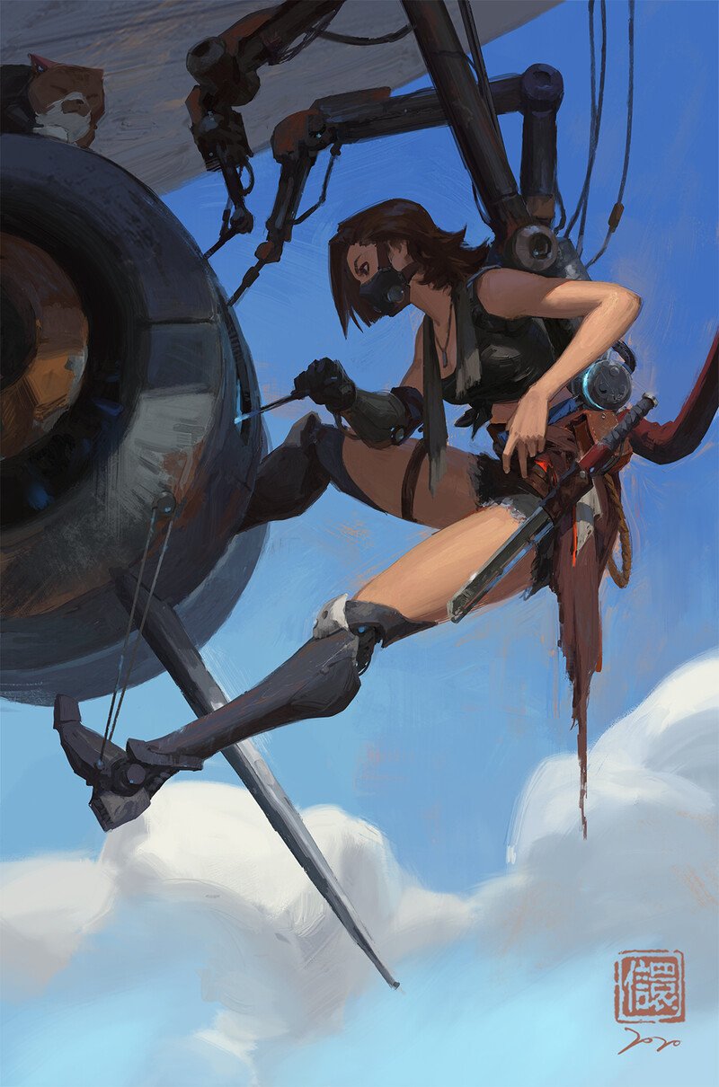 the image is a dynamic digital painting depicting a female character, possibly a mechanic or engineer, performing maintenance or repairs on a large, complex piece of aircraft machinery. she's suspended high in the air, against a backdrop of bright blue sky and fluffy clouds, with her legs seemingly augmented by mechanical prosthetics. her attire is a blend of futuristic and practical clothing.  the aircraft part she is working on is large, metallic, and shows signs of wear and tear. the scene is filled with intricate details including robotic arms, various tools, and a partially visible harness system keeping her attached to the structure. the style leans towards a blend of scifi and steampunk aesthetics, with a sense of action and adventure.  the artist's signature is visible in the bottom right corner.