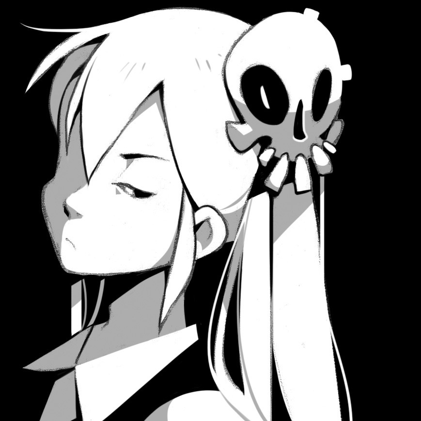 the image is a stylized black and white portrait of a young girl with a bored or annoyed expression.  she has long hair with a skullshaped barrette.  the style is reminiscent of anime or manga.  the strong contrast and black background create a stark and somewhat edgy aesthetic.