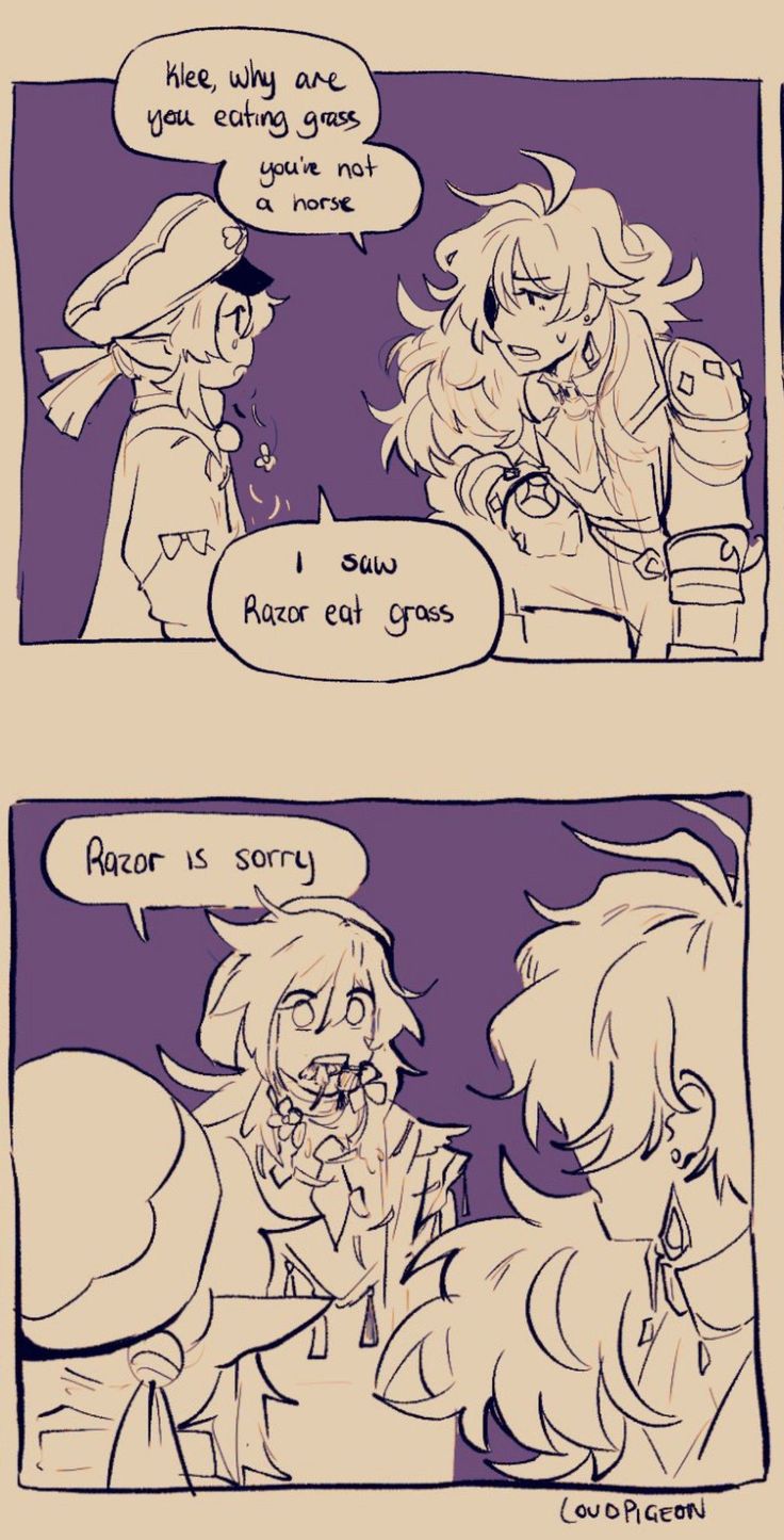 the image is a twopanel comic strip featuring fanart of klee and razor from the game genshin impact.  the first panel shows klee eating grass, with another character (presumably razor) looking on and a speech bubble explaining klee's actions.  the second panel shows razor looking apologetic, implying that he was the one who ate the grass first and is now the reason klee is doing it as well. the art style is animeinfluenced and uses a chibilike representation of the characters. the overall tone is lighthearted and humorous.