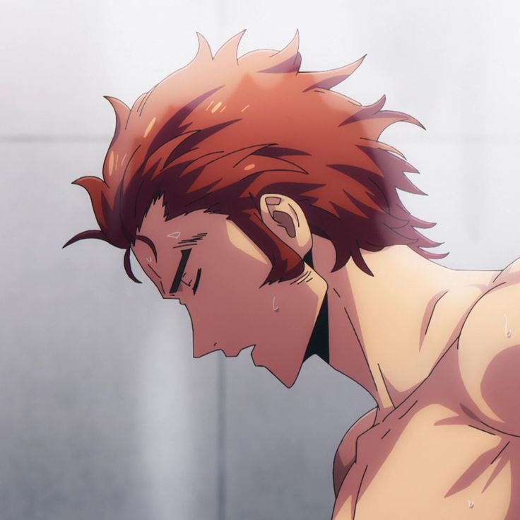 a closeup side view of a shirtless anime character with red hair in the shower. he is looking down and has water droplets on his skin. the background is blurry and steamy.