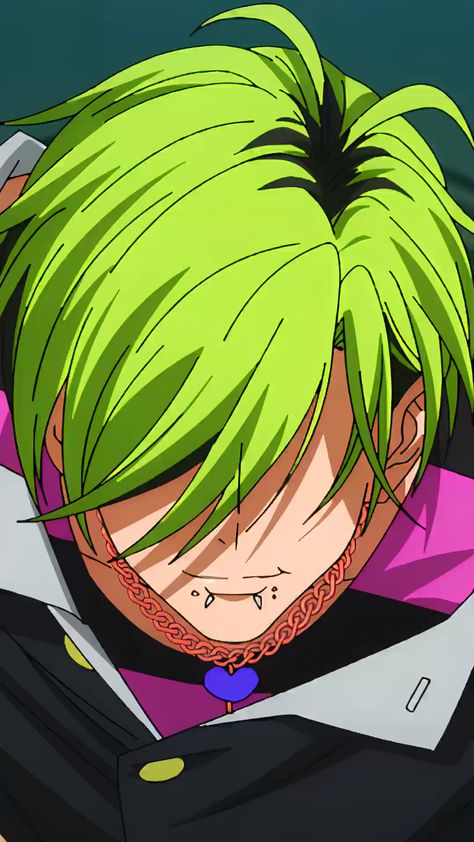 a closeup illustration of an anime boy with bright green hair partially obscuring his face. he has multiple piercings on his ears and mouth and wears a red chain necklace with a purple heart pendant. he is smirking confidently and wearing a black and white uniform with pink accents.