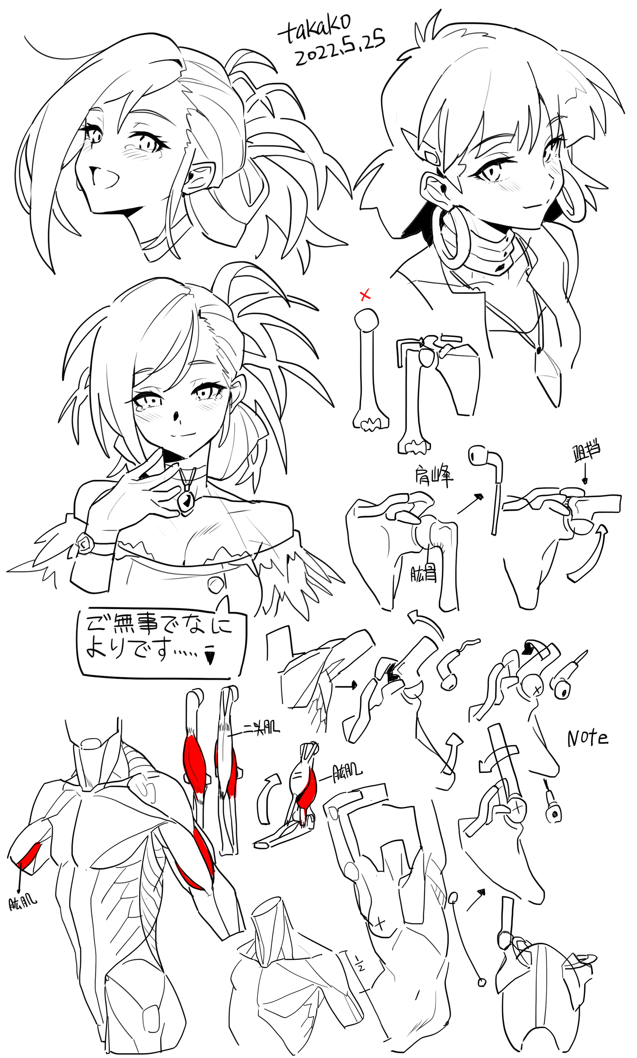the image is a black and white sketch featuring several drawings of animestyle characters and anatomical diagrams. at the top, there are two character head sketches, one with a ponytail and the other with shorter hair and earrings. below them is a drawing of a girl with a ponytail, wearing a dress, and touching her chin, with a speech bubble next to her. the rest of the image consists of anatomical diagrams of bones and muscles of the shoulder and arm. some diagrams show the movement and mechanics of the shoulder joint. text labels in japanese and english are visible near the diagrams, providing additional information.