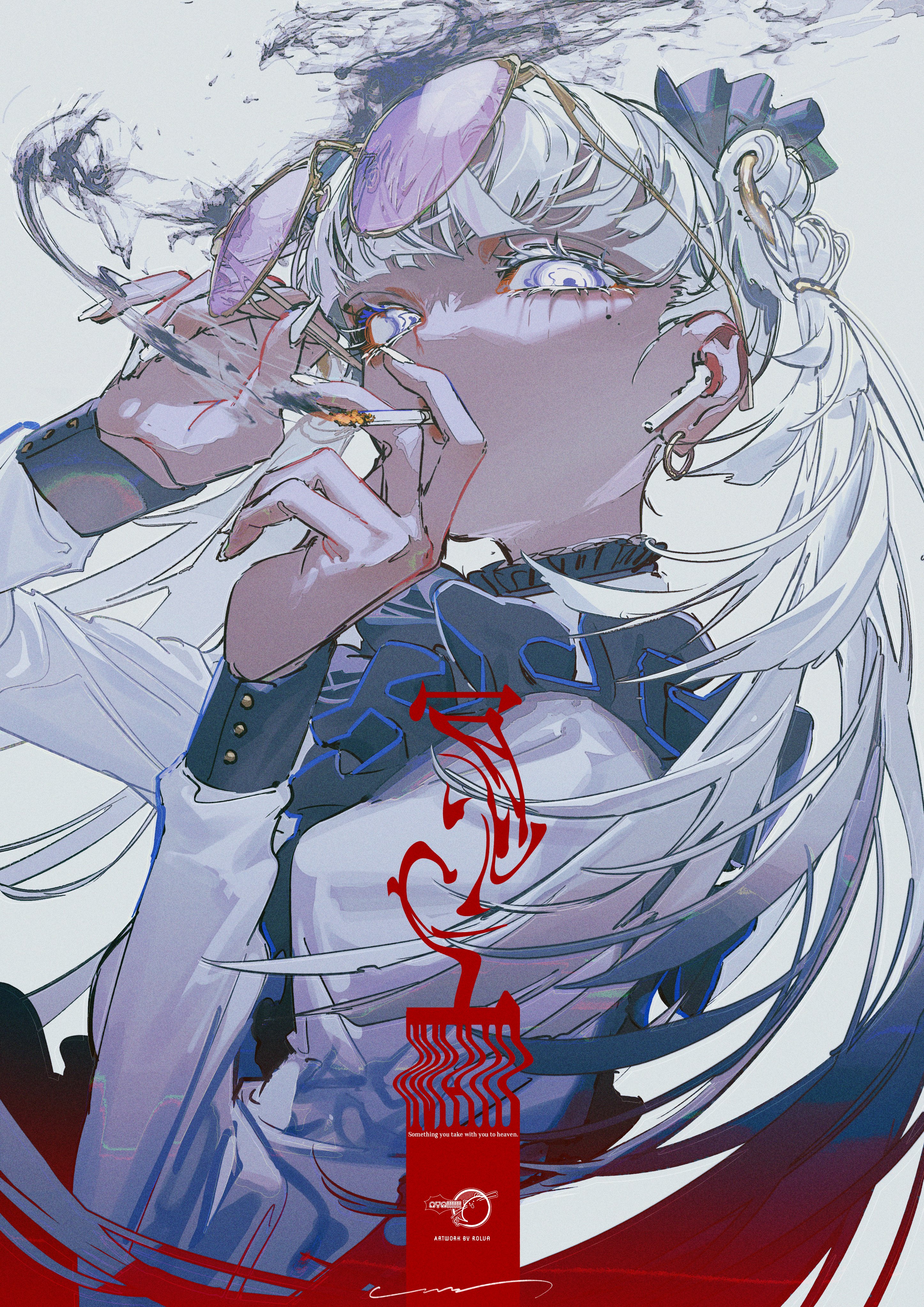 the image depicts a young woman with long white hair and a dark blue and white outfit. she is smoking a cigarette and wearing sunglasses. the background is a mix of blue, red, white, and black colors. the woman's expression is intense and focused, with a hint of sadness in her eyes. the image is a stylish and artistic representation of a young woman who is caught in a moment of reflection.