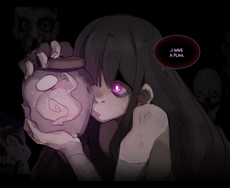 the image features a young girl with glowing purple eyes holding a large jar emitting a faint glow. she appears to be injured, with bandages wrapped around her arm. surrounded by darkness and partially obscured figures that resemble skulls, she holds the jar close and utters the words "...i have a plan" within a speech bubble. the overall atmosphere is eerie and suspenseful, suggesting the girl is in a perilous situation and the jar might hold the key to her escape.