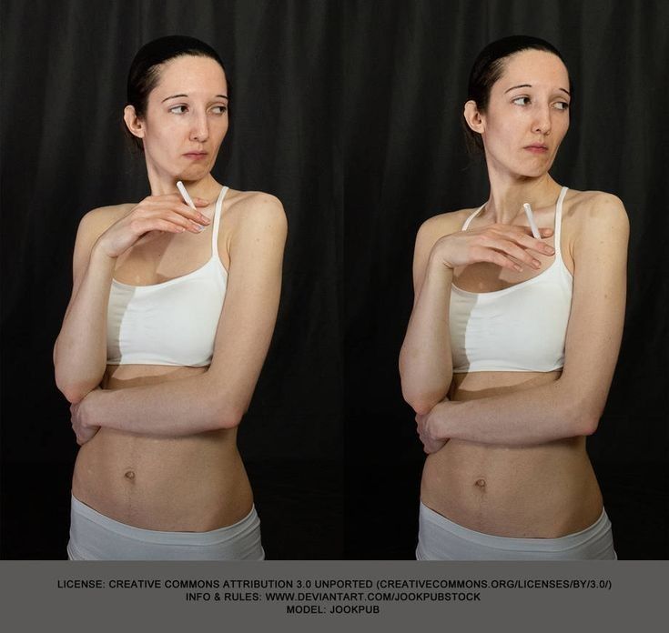 two identical portraits of a woman with light skin and a white sports bra, against a dark black backdrop. in both portraits, the woman is looking at something to the left. she's holding a cigarette with her left hand near her mouth in both portraits, and her right hand is resting on her left arm.