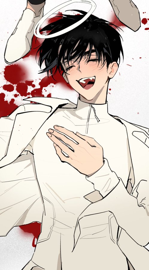 a young male anime character with black hair and white clothing is smiling with fangs. he has a halo above his head and is covered in blood splatters. the character appears to be an evil angel or devil, possibly laughing evilly at the sight of the blood.