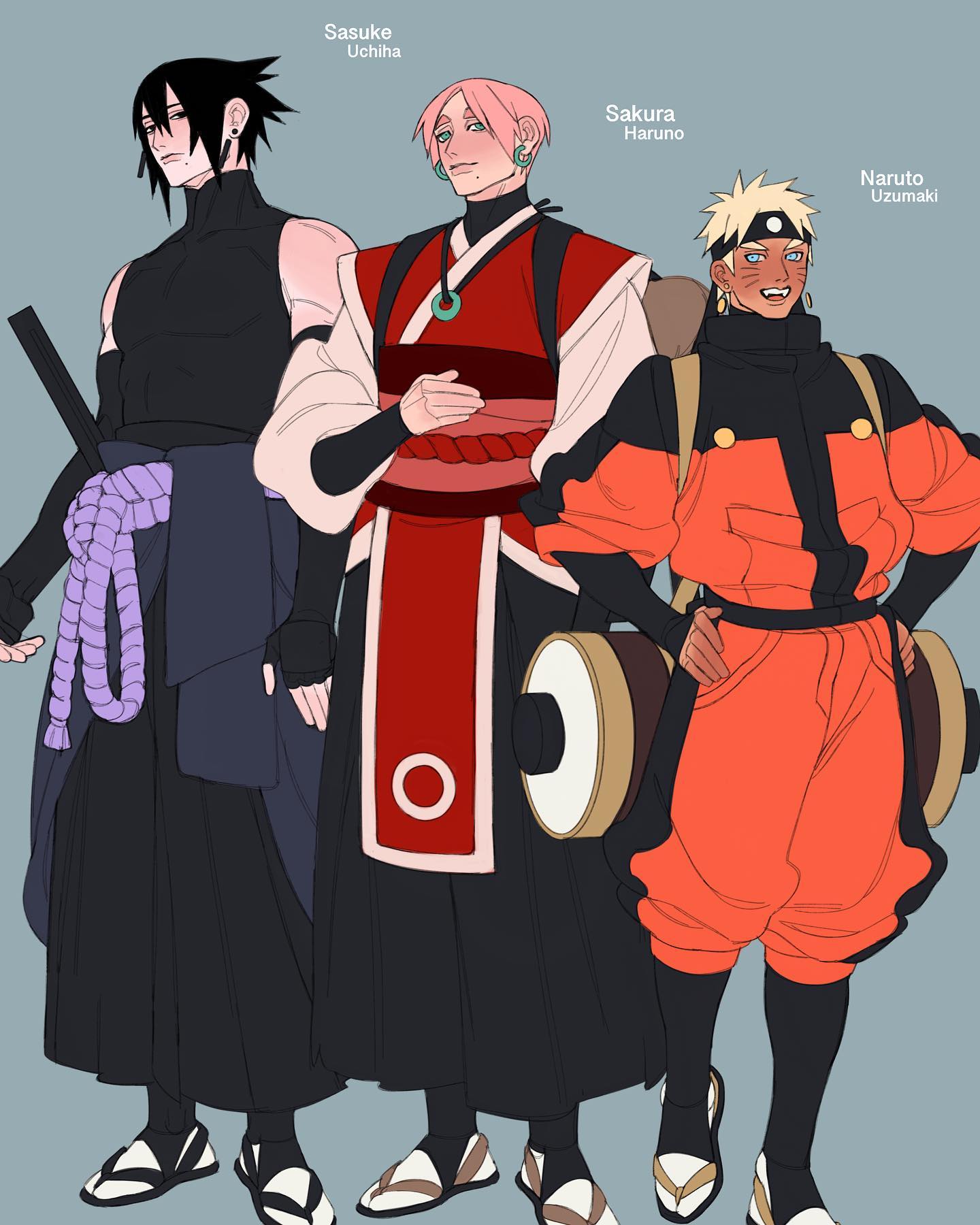 the image is a digital fanart depicting the iconic team 7 from the anime and manga series naruto.  the characters sasuke uchiha, sakura haruno, and naruto uzumaki are illustrated in a stylized manner, wearing clothing inspired by traditional japanese attire. sasuke is in dark hakama and a top, sakura dons a red and white kimonolike garment, and naruto is in an orange jumpsuit reminiscent of his usual attire, with added details suggestive of travel gear and a taiko drum visible.  each character's name and clan are labeled above them. the overall art style is clean and somewhat modern, with a focus on character design and a muted color palette.