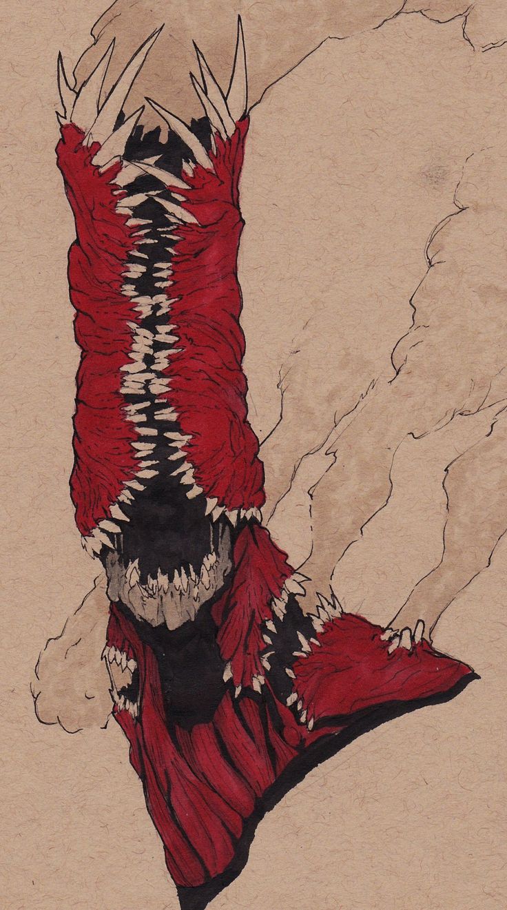 this is a black and red ink drawing on paper of a monstrous, alien creature with a gaping maw filled with rows of sharp teeth. the creature's body is a fleshy red, with white spines protruding from its back. the creature's mouth is open wide, and its tongue is visible. the drawing is set against a light brown background, which helps to highlight the monster's menacing appearance. the drawing is a stylistic example of a horror or fantasy creature, using exaggerated features and details to create a sense of dread and unease.