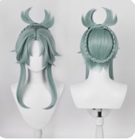 a mint green cosplay wig styled in a halfup ponytail with braids. the wig is displayed on a styrofoam wig head in front of a white background. the image shows both the front and back of the wig.
