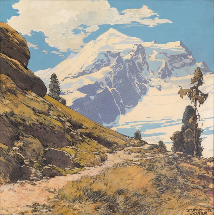 the image is a painting of an alpine landscape. a snowcapped mountain dominates the background, its peaks and glaciers sharply defined against a mostly clear blue sky with a few fluffy clouds. in the foreground, a gently sloping path winds its way through a rocky, grassy terrain. darker brown and gray rocks are interspersed with patches of yellowishbrown grass. several small coniferous trees stand on the righthand side of the path, adding depth and contrast to the scene. the path seems to lead towards the majestic mountain in the distance. the overall style suggests a print or painting created with attention to detail and vivid colors. the artist's signature, “stoltzner josef,” is visible in the bottom right corner.