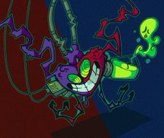 a cartoon drawing of a creature made of various body parts sewn together, holding a beaker of green liquid. the background is divided diagonally into red and blue.