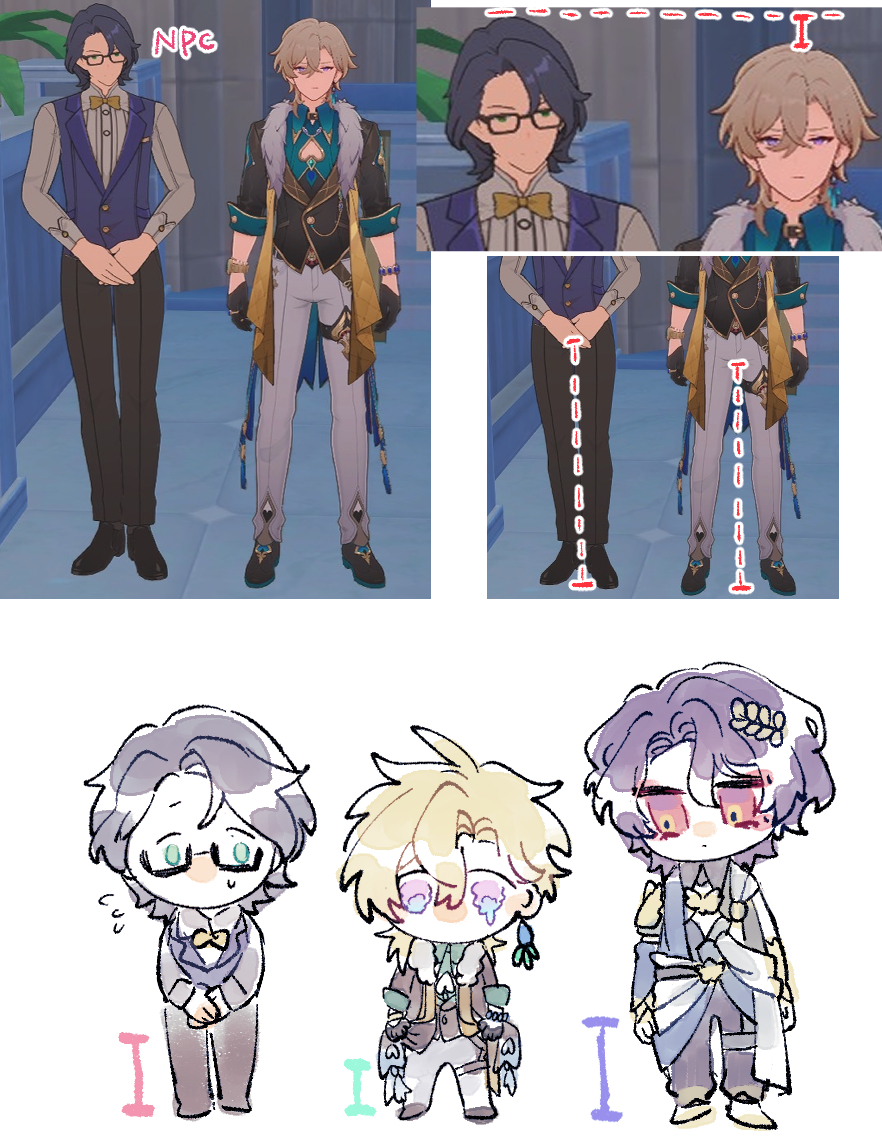 he image is a comparison of genshin impact npcs and a fanart depiction of them as chibi characters.  the top section shows ingame screenshots of three npcs: one in a dark suit, one in a light colored suit and another in a lighter colored suit. these are labeled and lines are drawn to show a comparison in height. the bottom section shows fanart versions of the characters as chibi illustrations, each with distinctive features and expressions. the fanart maintains the clothing styles and color schemes from the game screenshots.
