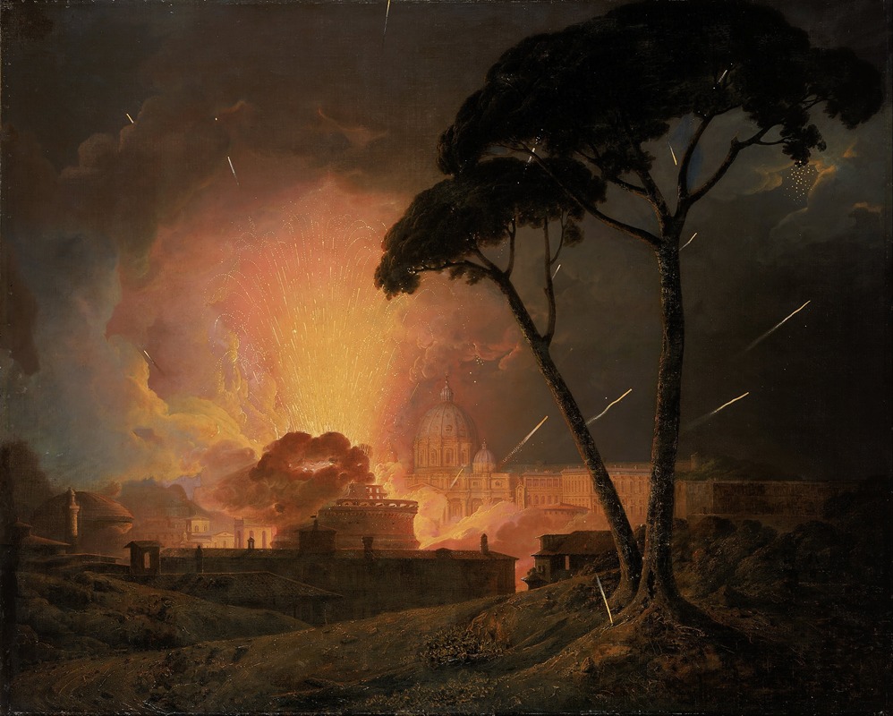 the painting depicts a nighttime scene in rome, likely during a fireworks display over saint peter's basilica and castel sant'angelo. a large tree stands prominently in the foreground on the right, silhouetted against the bright burst of fireworks in the sky. the cityscape of rome, including the basilica and castle, is visible in the background, illuminated by the fireworks. there are also figures and structures dotting the landscape in the foreground. the overall atmosphere is one of dramatic light and shadow, with a sense of spectacle and awe.