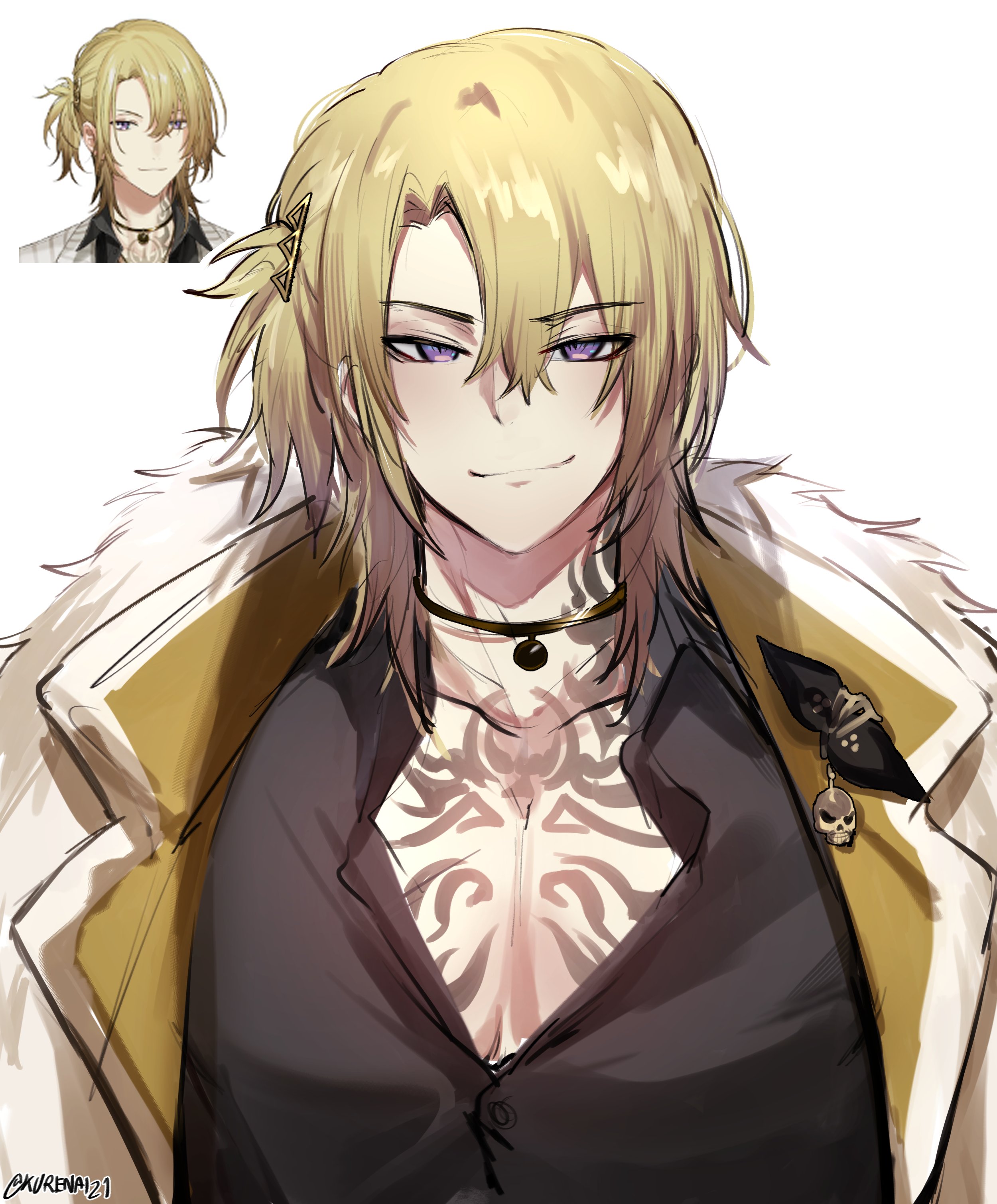 a digital art illustration of a anime male character. he is standing in a portrait pose. he is wearing a black shirt with a gold coat over it. he has blonde hair, blue eyes and tattoos on his chest. he is smiling and looking to the right. he is wearing a necklace with a skull pendant.