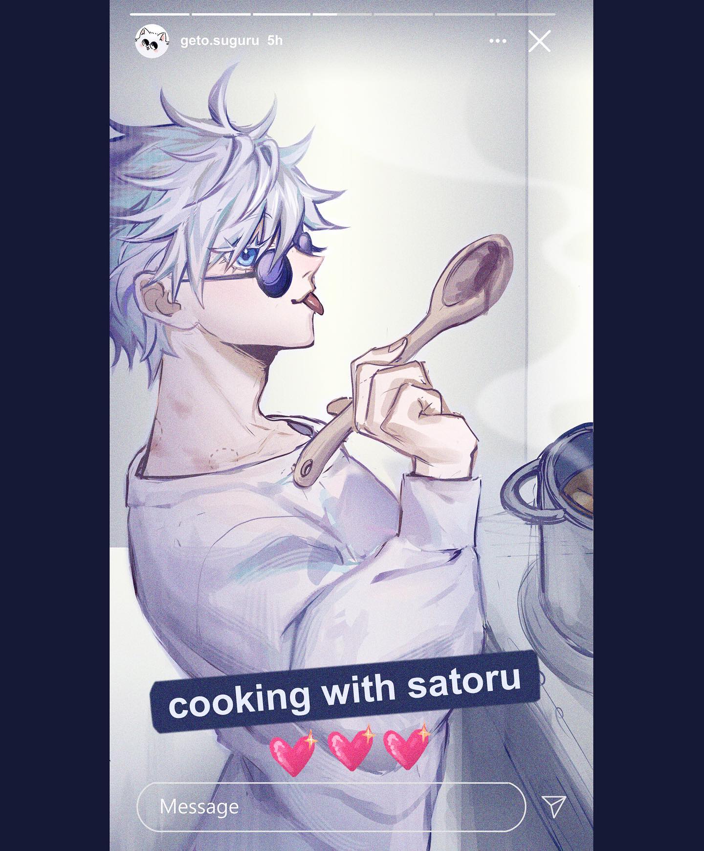 the image is a digital fanart depicting a character resembling geto suguru from the anime/manga jujutsu kaisen. he's shown in a casual outfit, playfully licking a wooden spoon in a kitchen setting.  the art style is soft and slightly sketchy. the image includes an instagram story overlay with text that reads "cooking with satoru" and several heart emojis. the overall mood is lighthearted and charming.