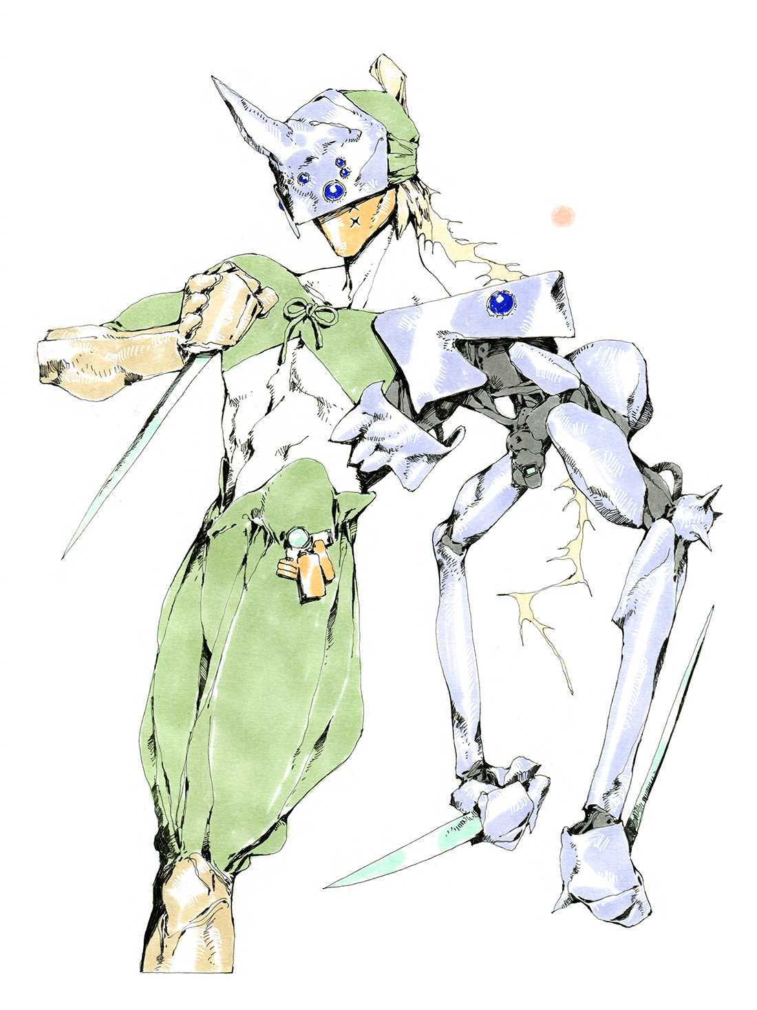 his is a character concept drawing showing a male warrior. he is dressed in green pants and a green mask that covers his eyes. he is holding two swords in his hand and has another two attached to the mechanical robot beside him. the image appears to be a sketch with some color added. the background is white.