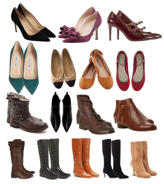 the image shows a collection of women's shoes including various styles of pumps, flats, and boots in different colors such as black, purple, red, green, orange, brown, black and tan.