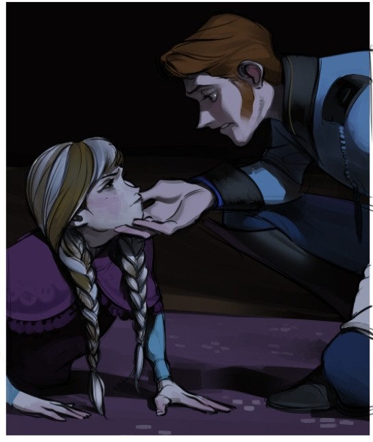 the image depicts a stylized drawing of hans and anna from disney's frozen. hans, dressed in a dark blue militarystyle outfit, kneels and holds anna's chin with his hand. his expression is somber, while anna, lying on the floor in her traditional magenta dress, looks up at him with a strained expression. the setting appears dark, with dramatic lighting emphasizing the tension of the scene. the closeup perspective focuses on the interaction between the two characters, highlighting the power imbalance and hans's manipulative demeanor.