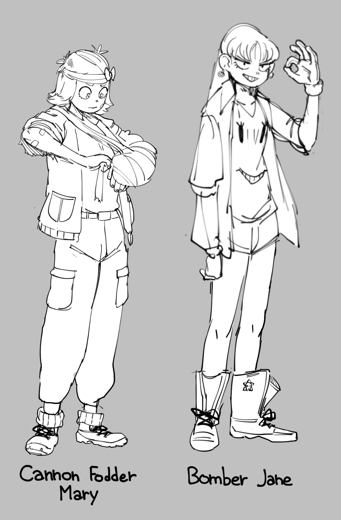 this is a handdrawn illustration of two cartoon girls in casual outfits. both girls are standing, with their heads turned towards the viewer, and they are smiling. the girl on the left has bandages on her arm, and the girl on the right is holding out her arm in a gesture of friendship. they both have bright, expressive faces. the style of the illustration is animeinspired, with clean lines and a focus on the characters' personalities.