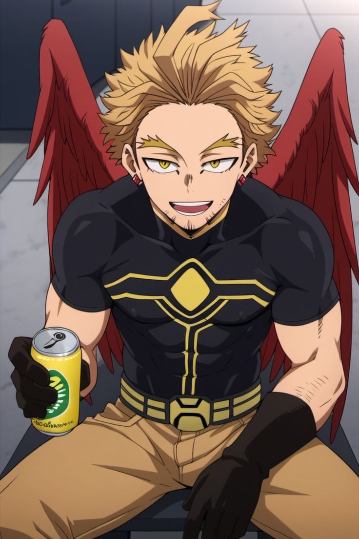 the image is a detailed, stylized illustration of hawks from the anime and manga series my hero academia. he is depicted sitting, confidently smirking, and holding a soda can. hawks is shown in his casual, nonhero costume,  which consists of a black shirt with gold detailing, khaki pants, and gloves. his iconic large, red wings are prominently displayed, and his blond hair is styled upward. the overall style is consistent with the art style of the show, making it likely fanart or promotional material. the artwork is clean, sharp, and features vibrant colors.