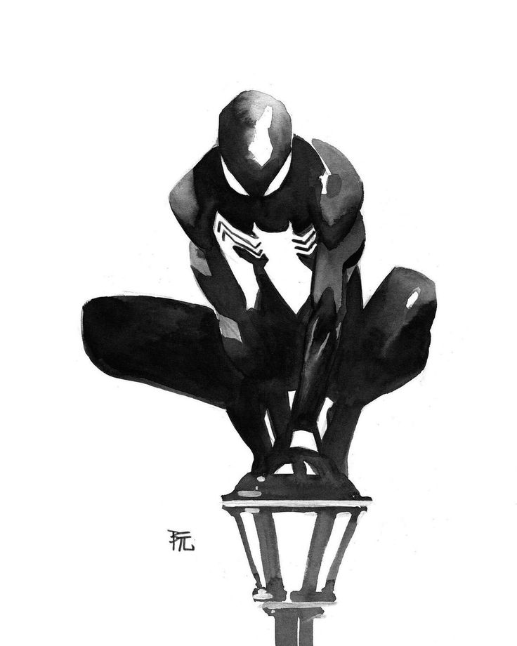 a black and white illustration of spiderman in a crouched pose, sitting on a street lamp. the art style is similar to a comic book illustration. the character appears to be looking down or ahead, with a serious expression. the background is a blank white space.