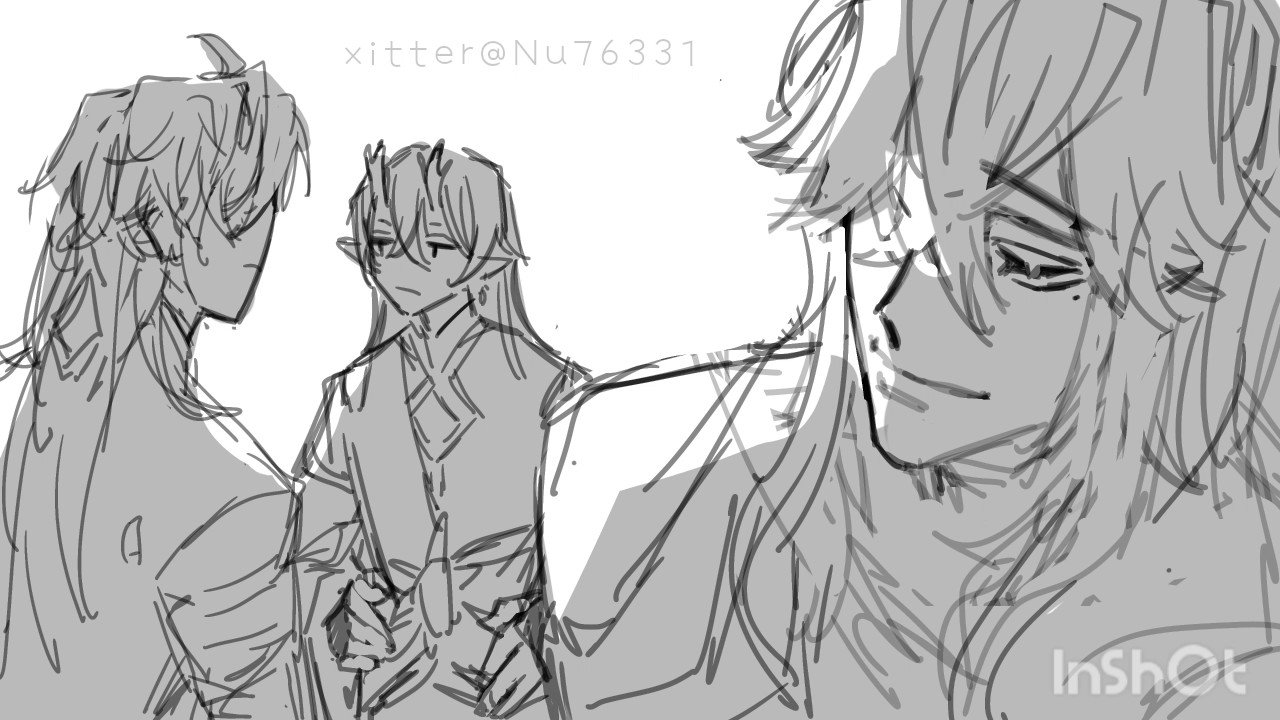 this is a sketch of three anime characters. it's a black and white line art drawing of three male characters standing side by side, with one on the left smiling, one in the middle looking away and the one on the right looking at the viewer. the drawing has a simple style and captures a friendly and casual moment between the characters.