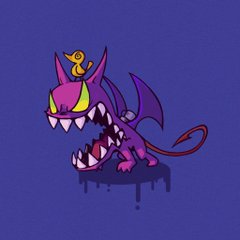 a purple cartoon demonlike creature with sharp teeth, horns, and wings stands with its mouth wide open. it has a yellow duck on its head and a long tail.